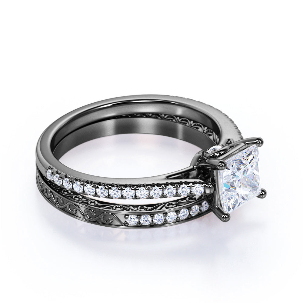 1.25 ct - Princess Cut Diamond - Pave Band - Simple Antique Engagement Ring Set - 10K White Gold