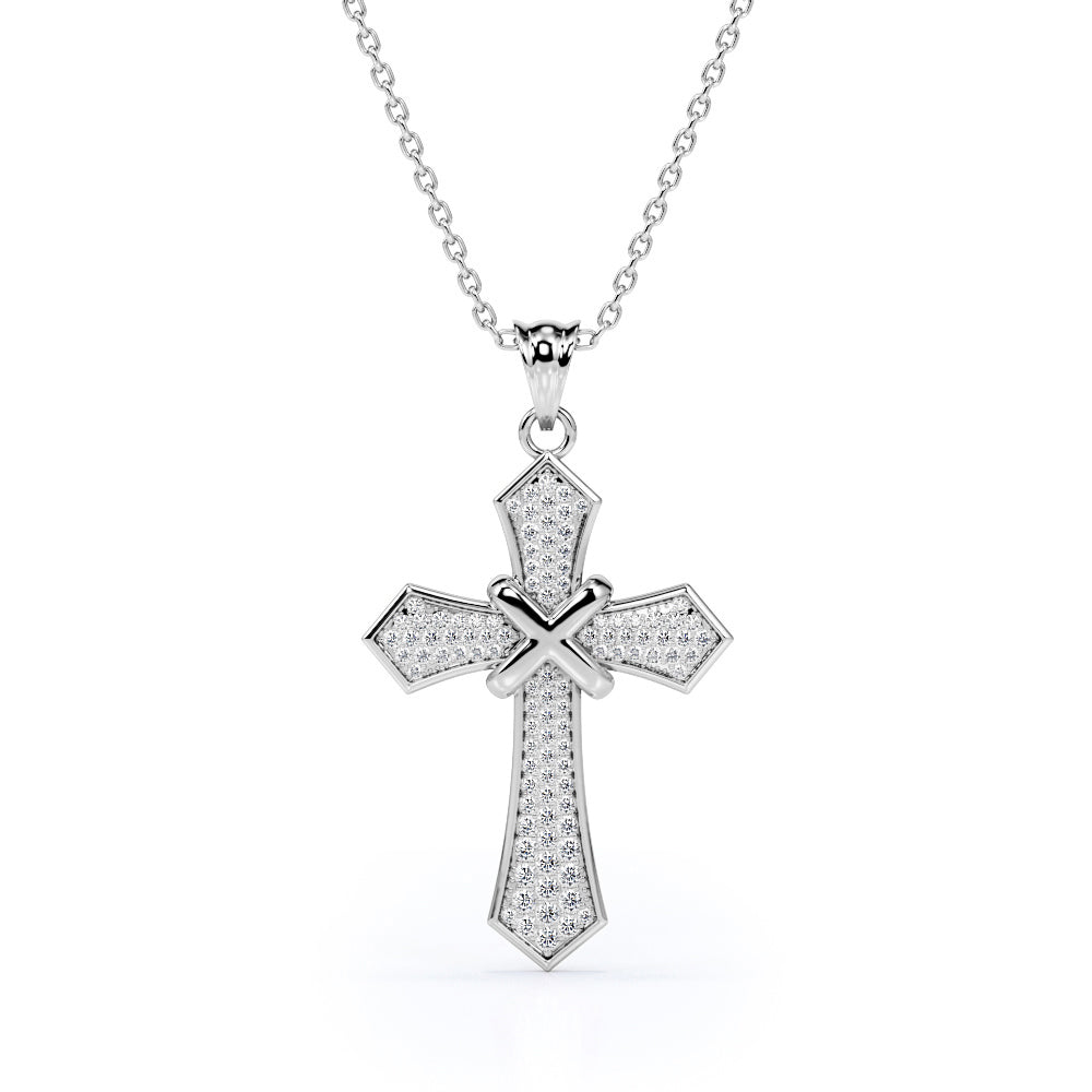 X Knot 0.25 TCW Round Moissanite Micro Pave-Channel Rood Pendant Necklace in 18K White Gold Plating over Silver