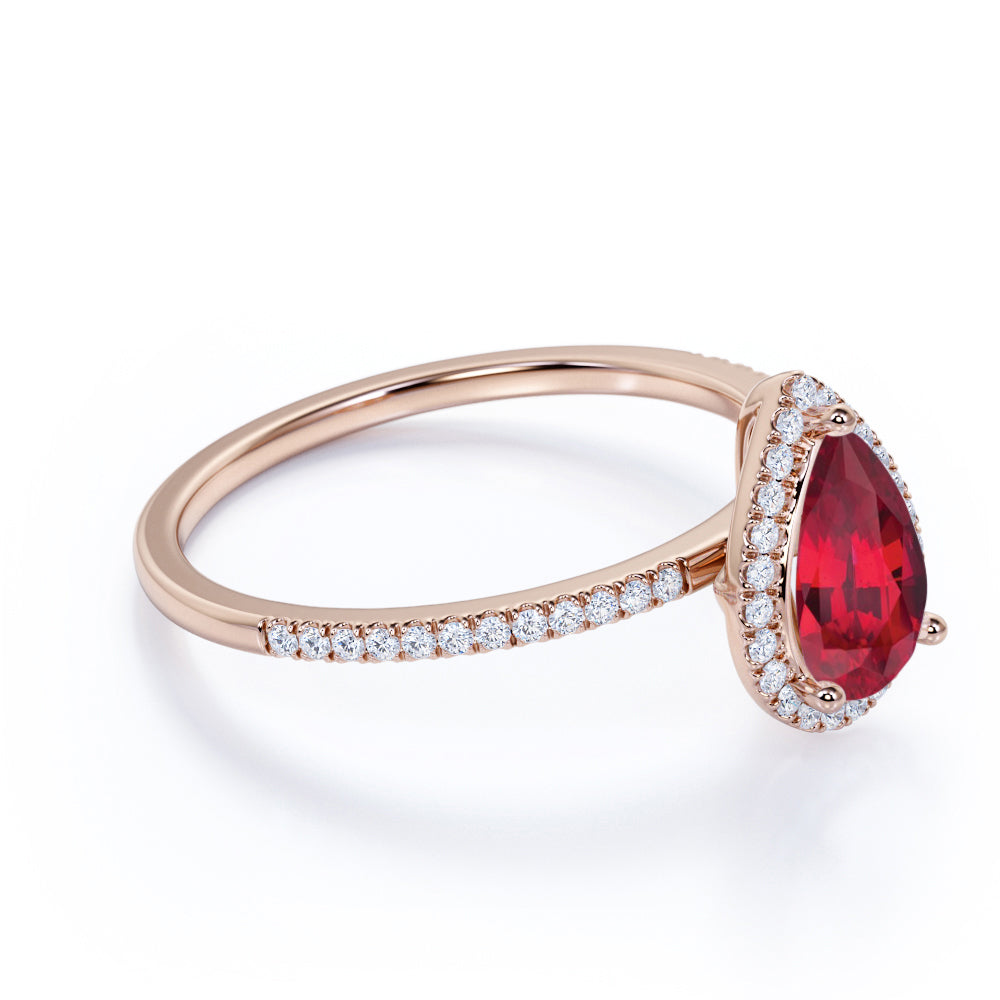 Pave 1.25 Carat Pear Cut Lab-Created Ruby and Diamond Classic Engagement Ring in White Gold