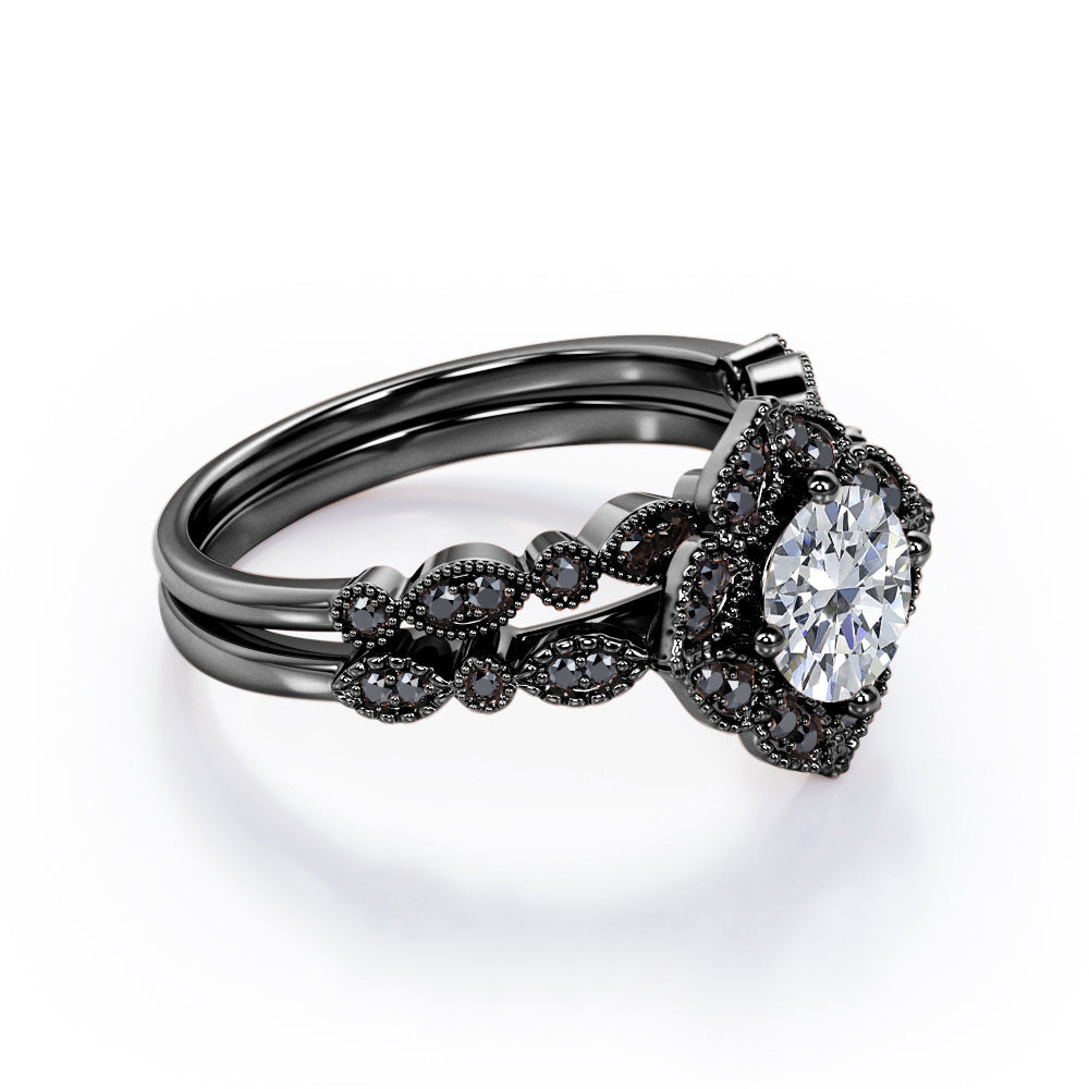 Milgrain Floral Cluster - 1.75 TCW Round Cut Moissanite with Lab Created Black Diamond - Filigree Bridal Ring Set in Rose Gold