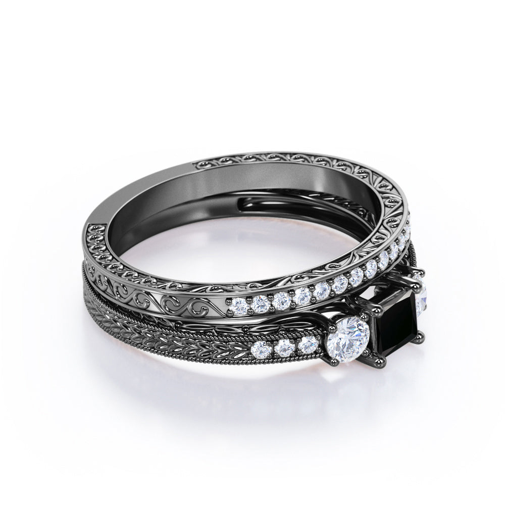 0.5 carat princess cut Black Diamond vintage milgrain bridal set ring in white gold