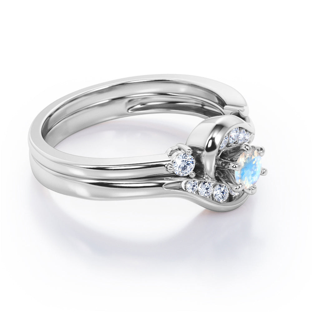 6 Prong Tension Design - 0.55 TCW Round Shaped Moonstone and Moissanite - Flush Chanel Wedding Ring Set - White Gold