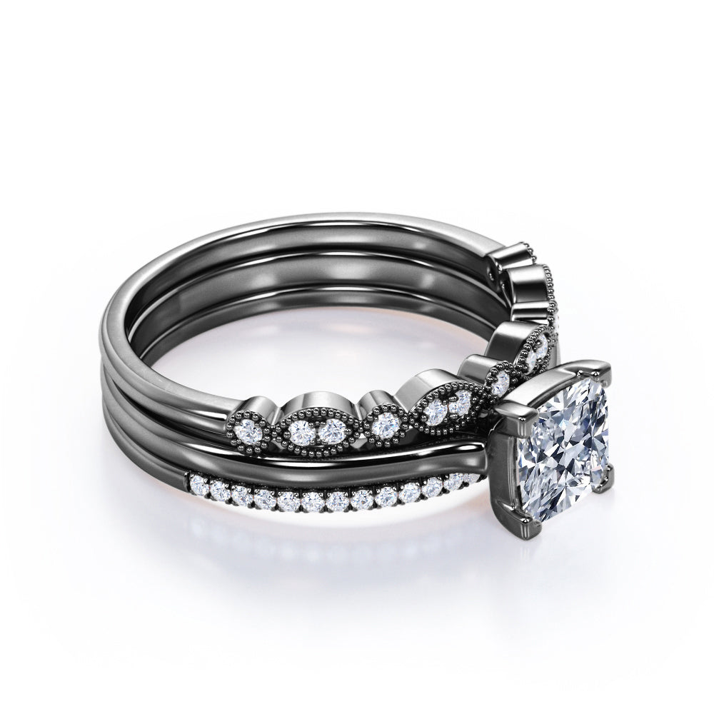 Art Deco Milgrain Filigree - 2 Carat Cubic Zirconia Cushion Cut - 4 Prong Pave Set - Solitaire Engagement Ring - Trio Wedding Ring Set - 18K White Gold Plating over Silver