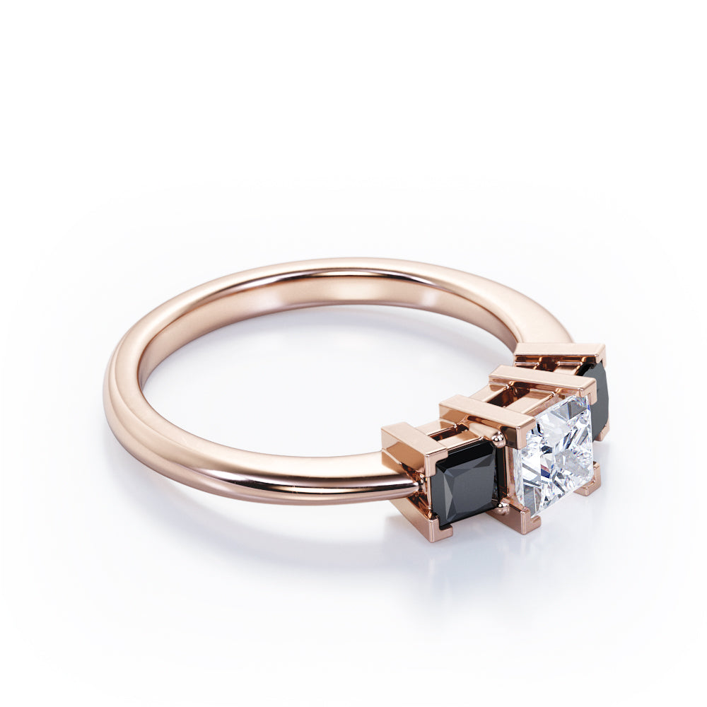 Minimalist Square V-Prong - 1.2 TCW Princess Cut Moissanite with Lab Created Black Diamond - Three-Stone Engagement Ring in Rose Gold