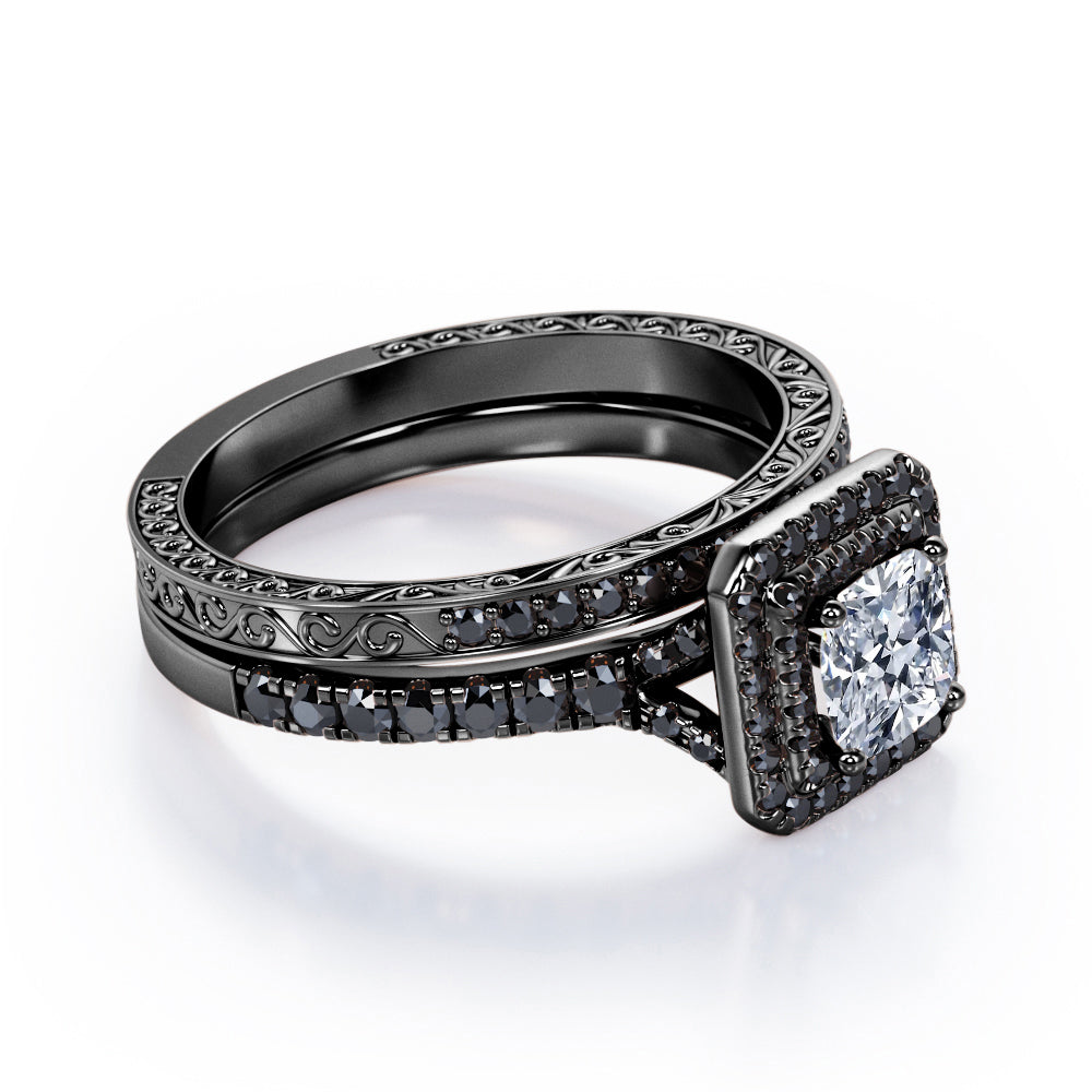 Art-Deco Pave Accented 0.65 TCW Princess Cut Diamond with Lab Created Black Diamond Double Halo Bridal Ring Set in 10K White Gold