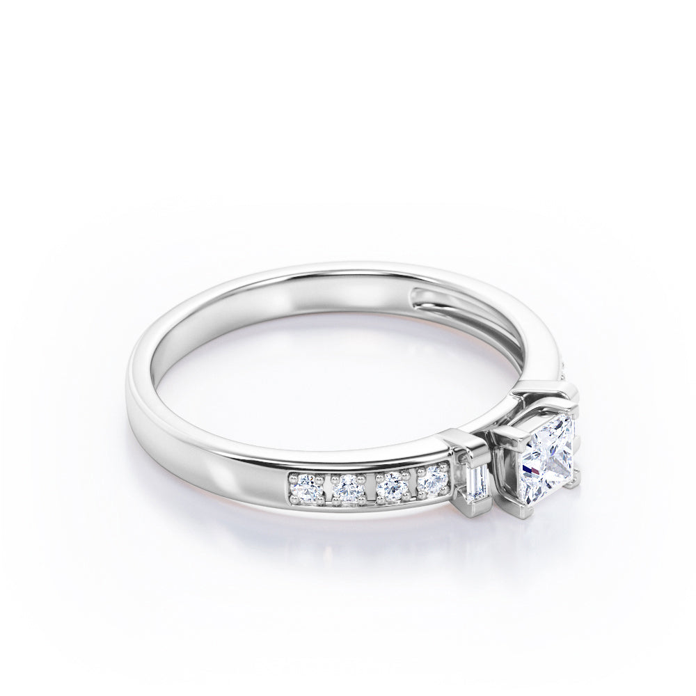 V-Prong 3 Stone 0.35 TCW Princess Cut Diamond Pave-Channel Engagement Ring in White Gold