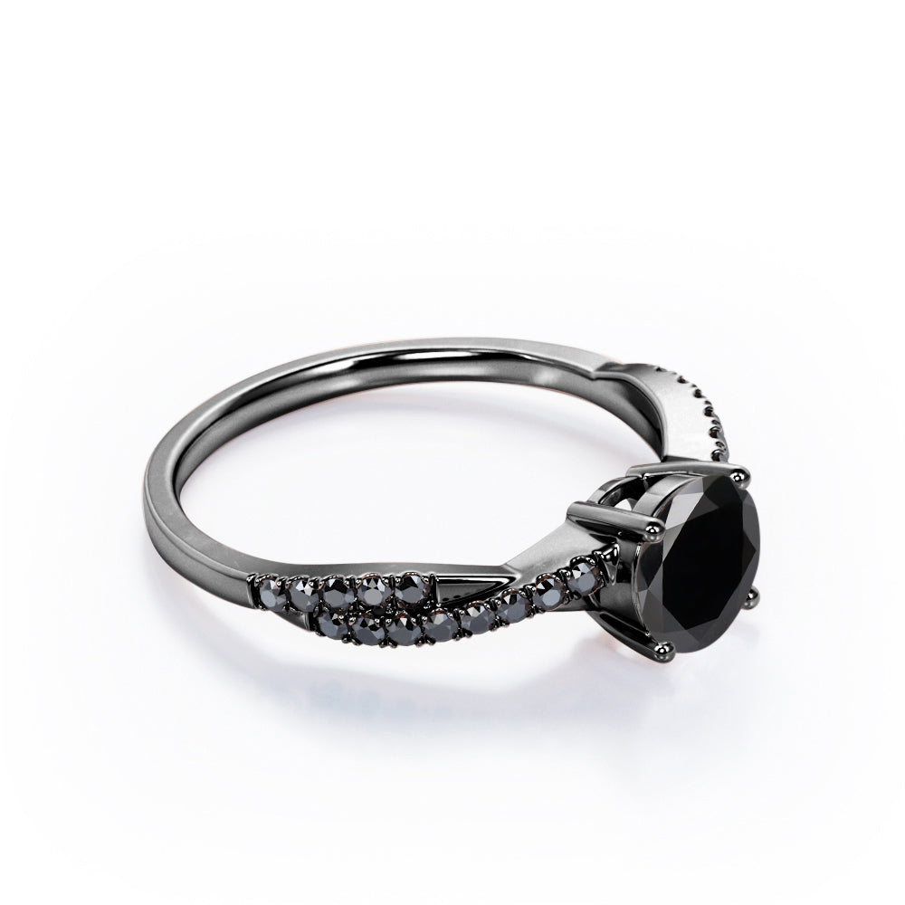 Basket Cathedral - 1.45 TCW Round Shape Lab Created Black Diamond - Crossover Pave Engagement Ring in White Gold