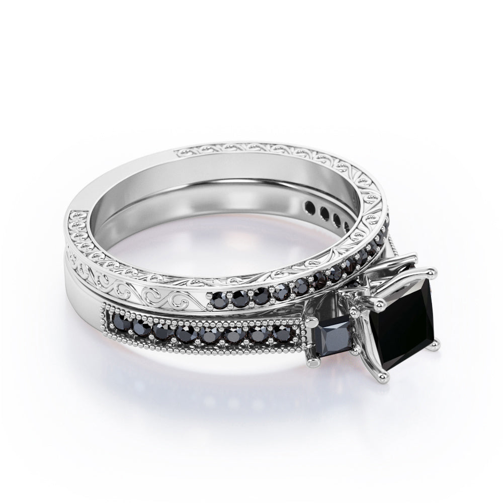 Art Deco 3-Stone 1 TCW Princess Cut Lab Created Black Diamond Cathedral Pave-Channel Wedding Ring Set in White Gold