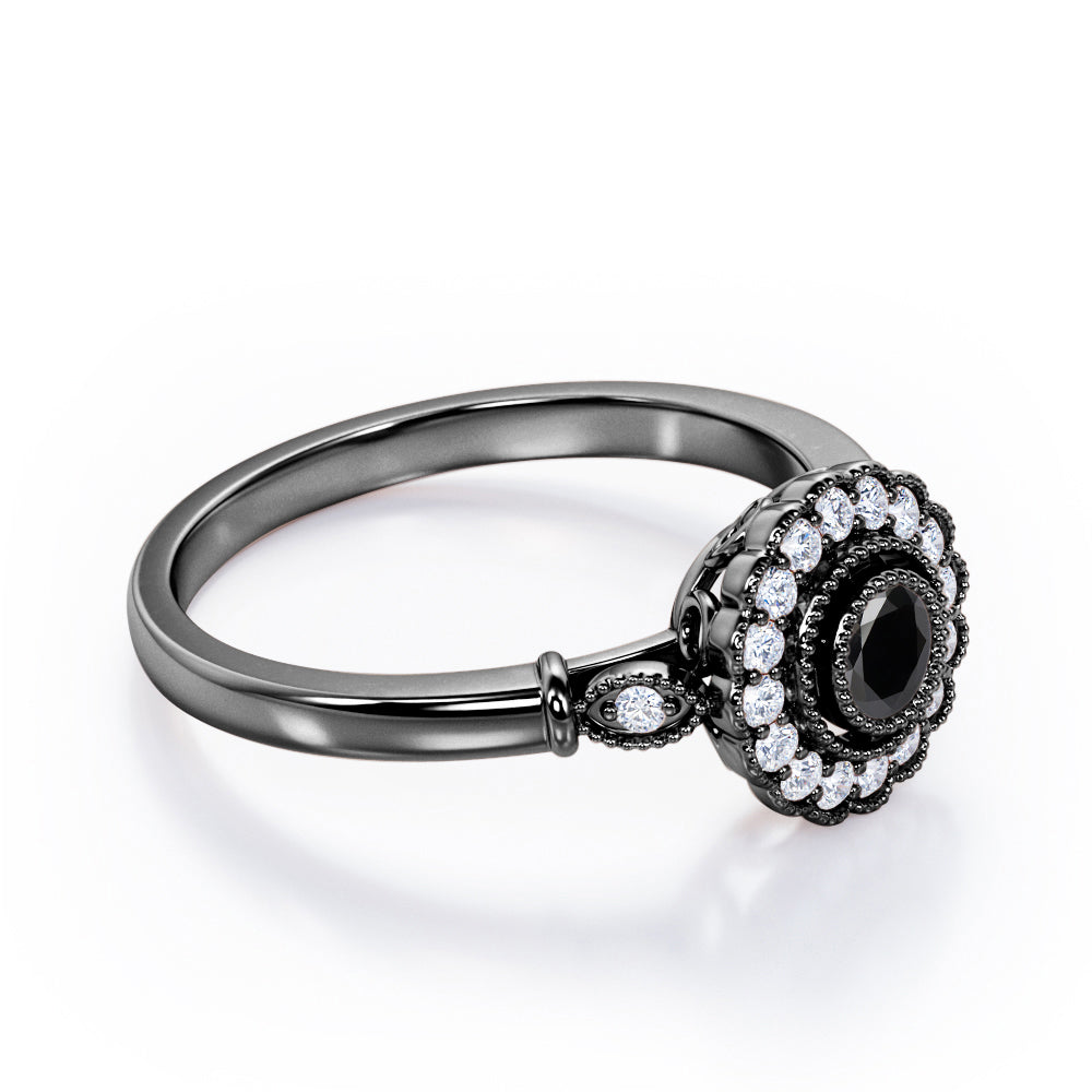 Milgrain Flower Halo 1.2 carat Carat Round Brilliant Cut Black Diamond Trilogy Bezel Engagement Ring in White Gold