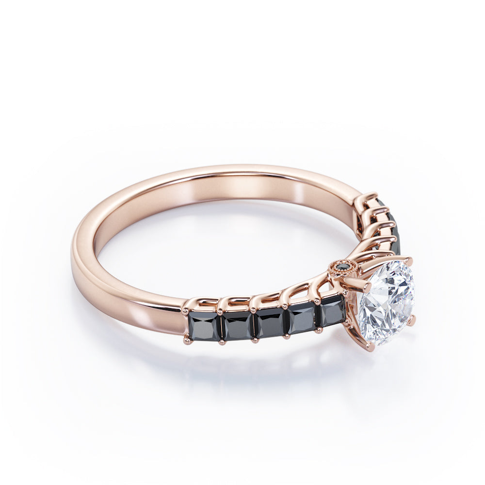 Shared Prong - 1.35 TCW Round Brilliant Cut Moissanite with Lab Created Black Diamond - Milgrain Bezel Engagement Ring in Rose Gold