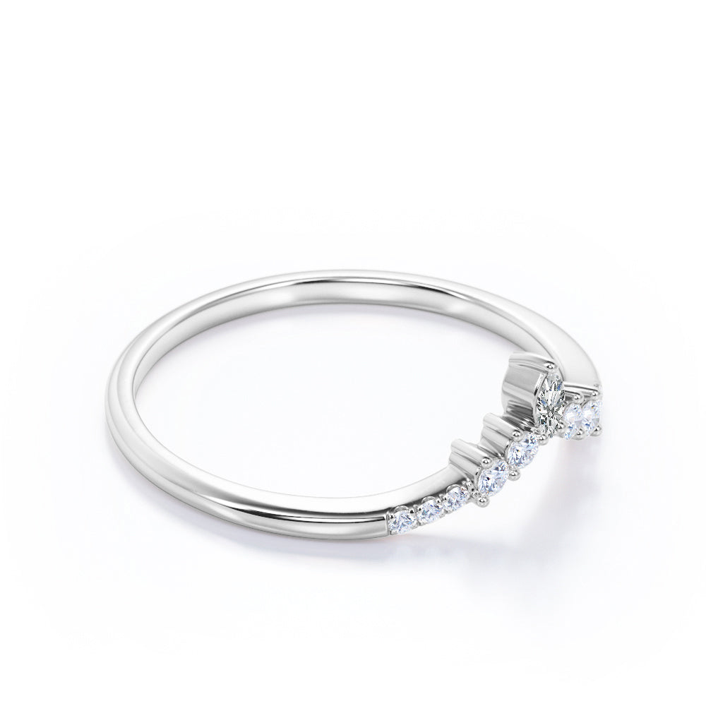 V Curved 0.15 TCW Marquise and Round Cut Moissanite Pave Prong Shank Wedding Band in White Gold