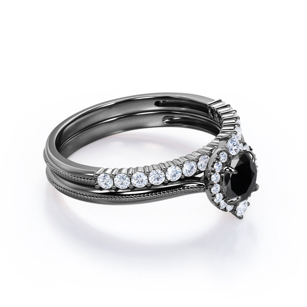 1.25 carat round cut Black Diamond filigree bridal set in white gold