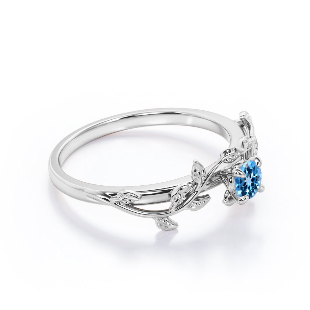 0.50 Carat Round Light Blue Topaz - Leafy Design - Solitaire Engagement Ring - 18K White Gold Plating over Silver