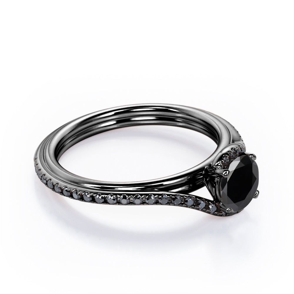 Overlay Double Banded - 1.25 TCW Round Cut Lab Created Black Diamond - Tension Pave Engagement Ring in White Gold