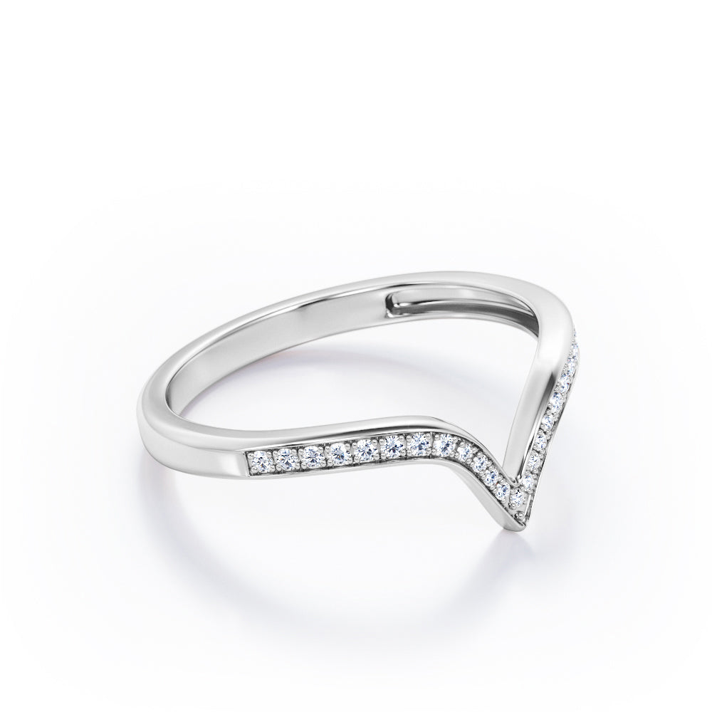 Pave Channel - 0.15 TCW Round Cut Diamond - V Shape Wedding Band in White Gold