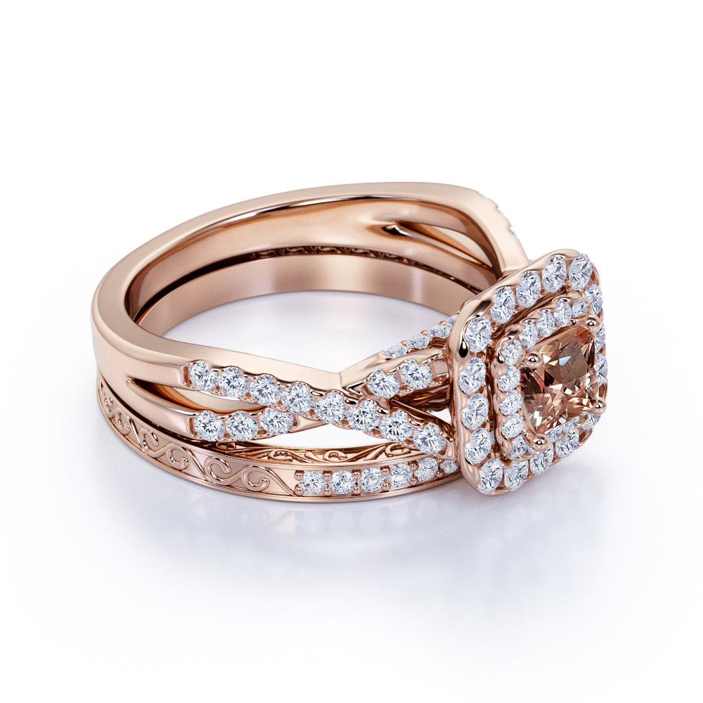 2.25 Carat Princess Cut created morganite and Moissanite Wedding Set - Bridal Set - Wedding Trio Set - Infinity Ring- 18k Rose Gold Over Silver