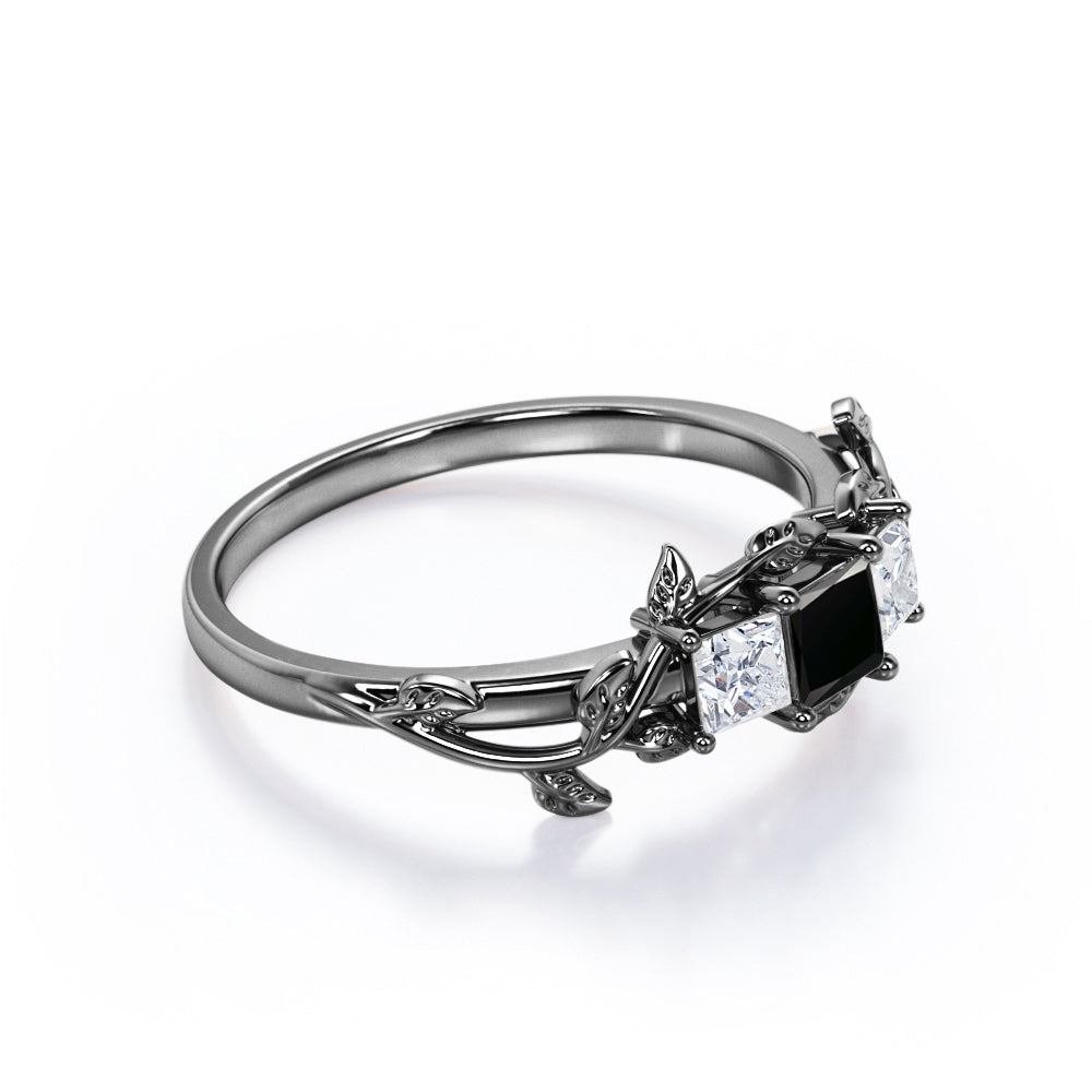 1 carat princess cut  Black Diamond three stone engagement ring in white gold