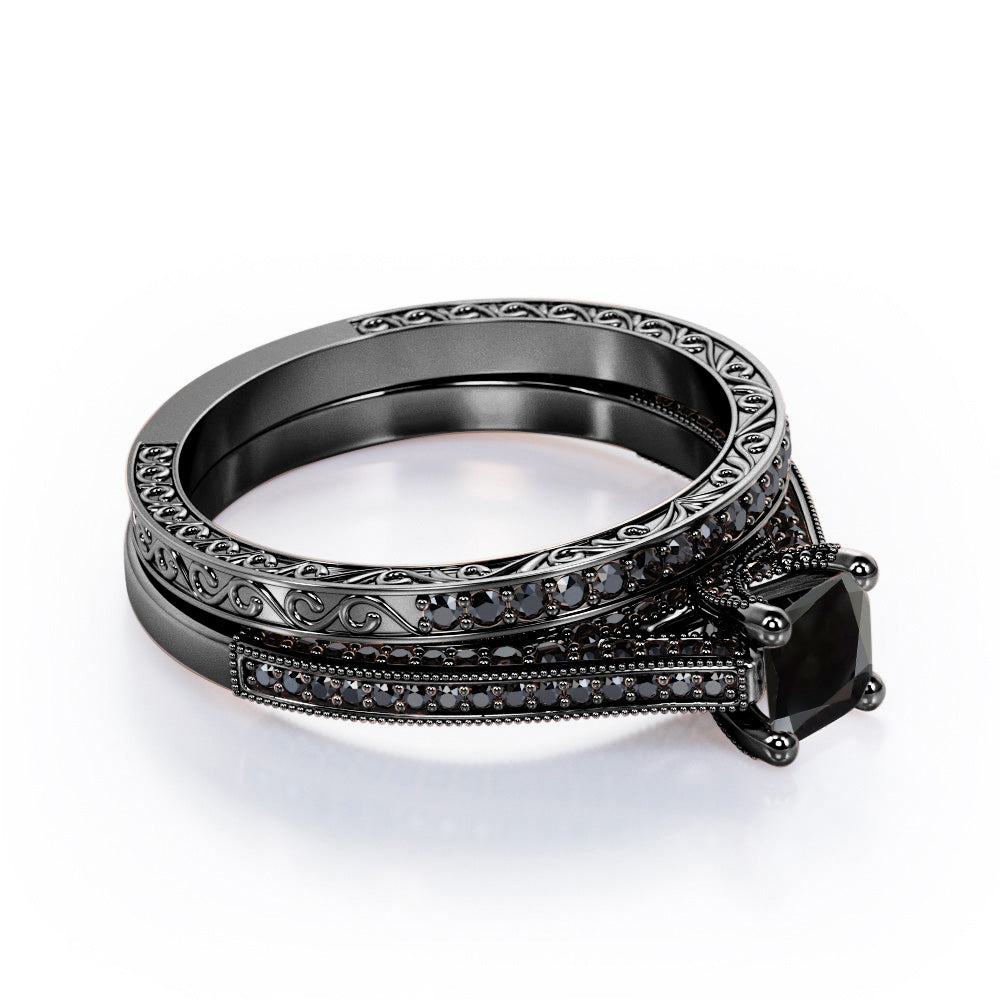 3 Sided Pave 1.55 TCW Princess Cut Lab Created Black Diamond Milgrain Decorated Wedding Ring Set in White Gold