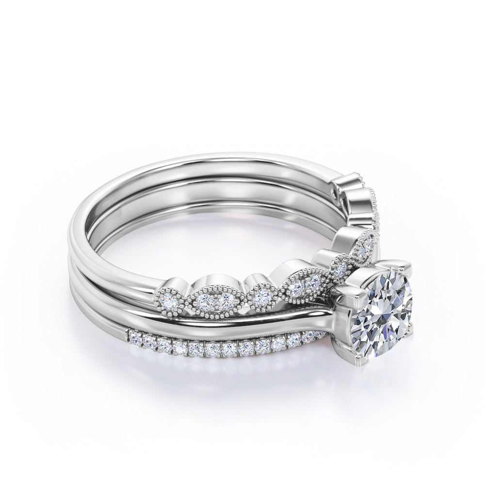 2 Carat Cubic Zirconia Round Cut - Art Deco Milgrain Filigree - 4 Prong Pave Set - Solitaire Engagement Ring - Trio Bridal Ring Set - 18K White Gold Plating over Silver