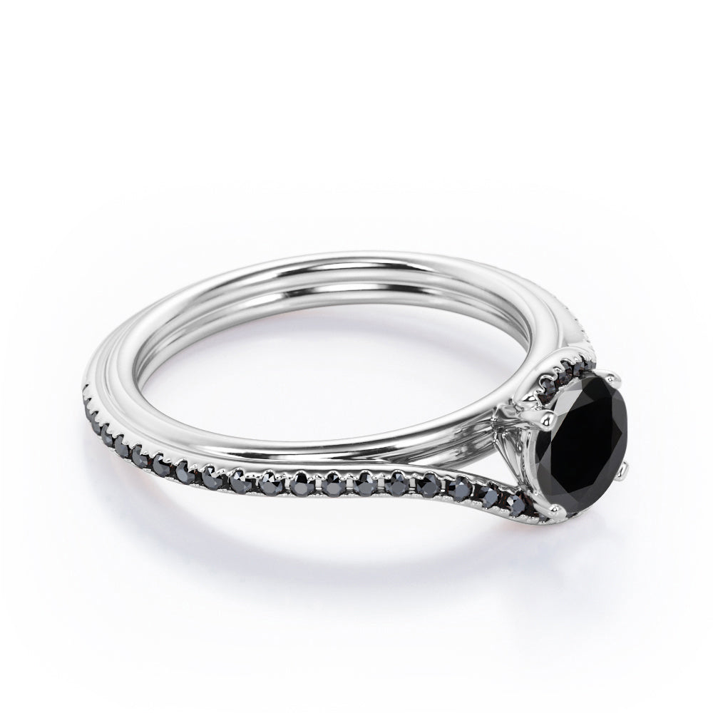 Overlay Double Banded - 1.25 TCW Round Cut Lab Created Black Diamond - Tension Pave Engagement Ring in White Gold