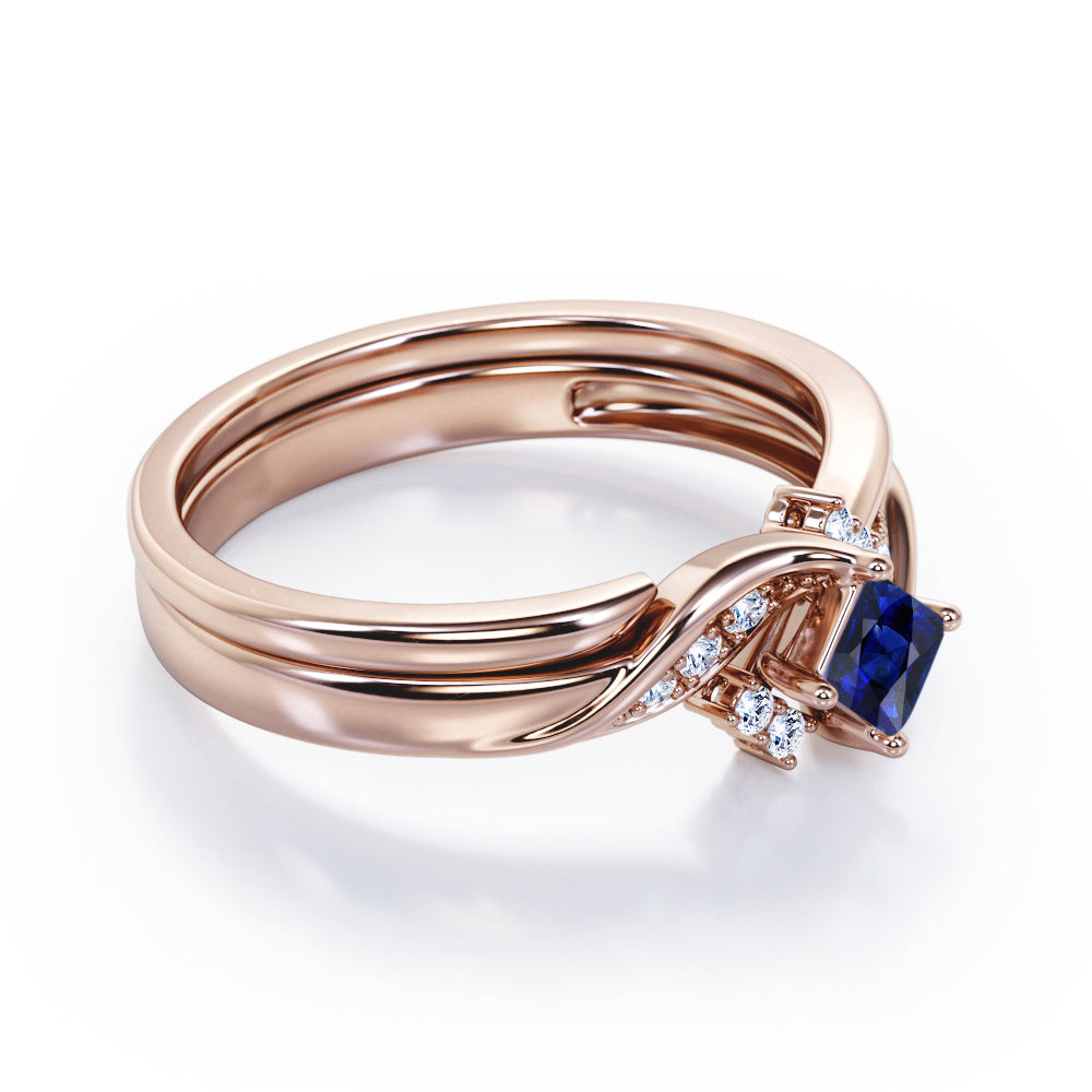 Petite Pave-Channel - 0.55 TCW Rhombus Princess Cut Blue Sapphire and Moissanite - Prong Tensioned Wedding Ring Set -  Rose Gold