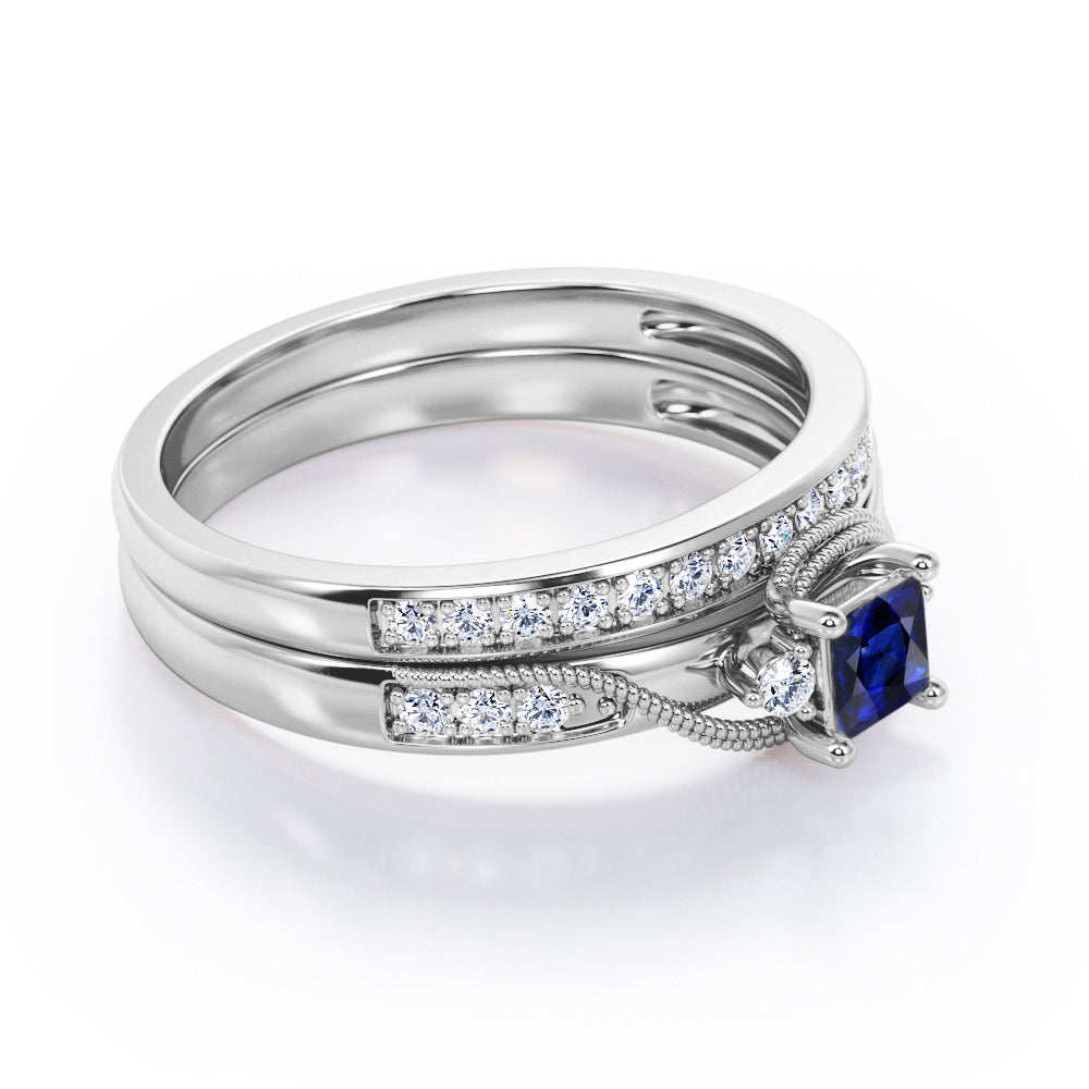 Trilogy Duo Milgrain 0.7 TCW Princess Cut Blue Sapphire and Moissanite Vintage Bridal Ring Set in Rose Gold