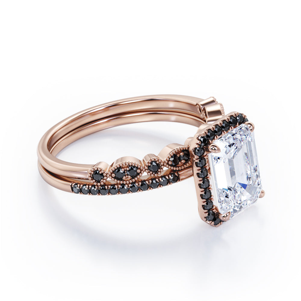 Art Deco Filigree Milgrain 1.65 TCW Emerald Cut Moissanite with Lab Created Black Diamond Halo-Style Wedding Set in Rose Gold