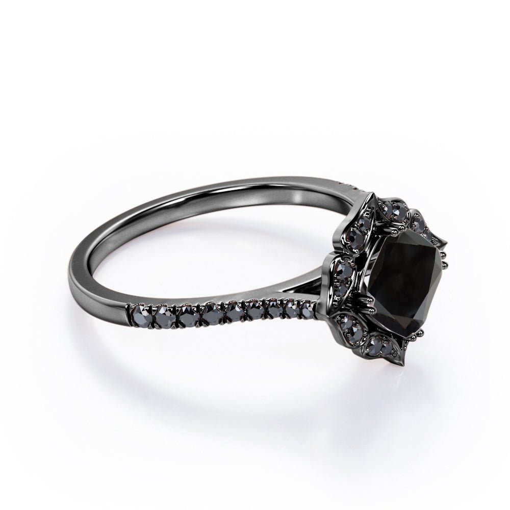 Vintage Filigree Cluster 1.5 TCW Cushion Cut Lab Created Black Diamond Engagement Ring with Pave Accents in White Gold