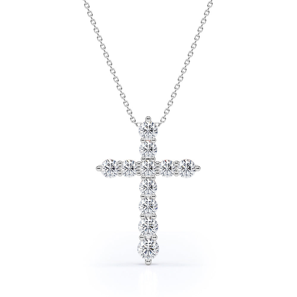 Shared-Prong 0.10 TCW Round Shape Moissanite Pave Style Cross Pendant Necklace in 18K White Gold Plating over Silver