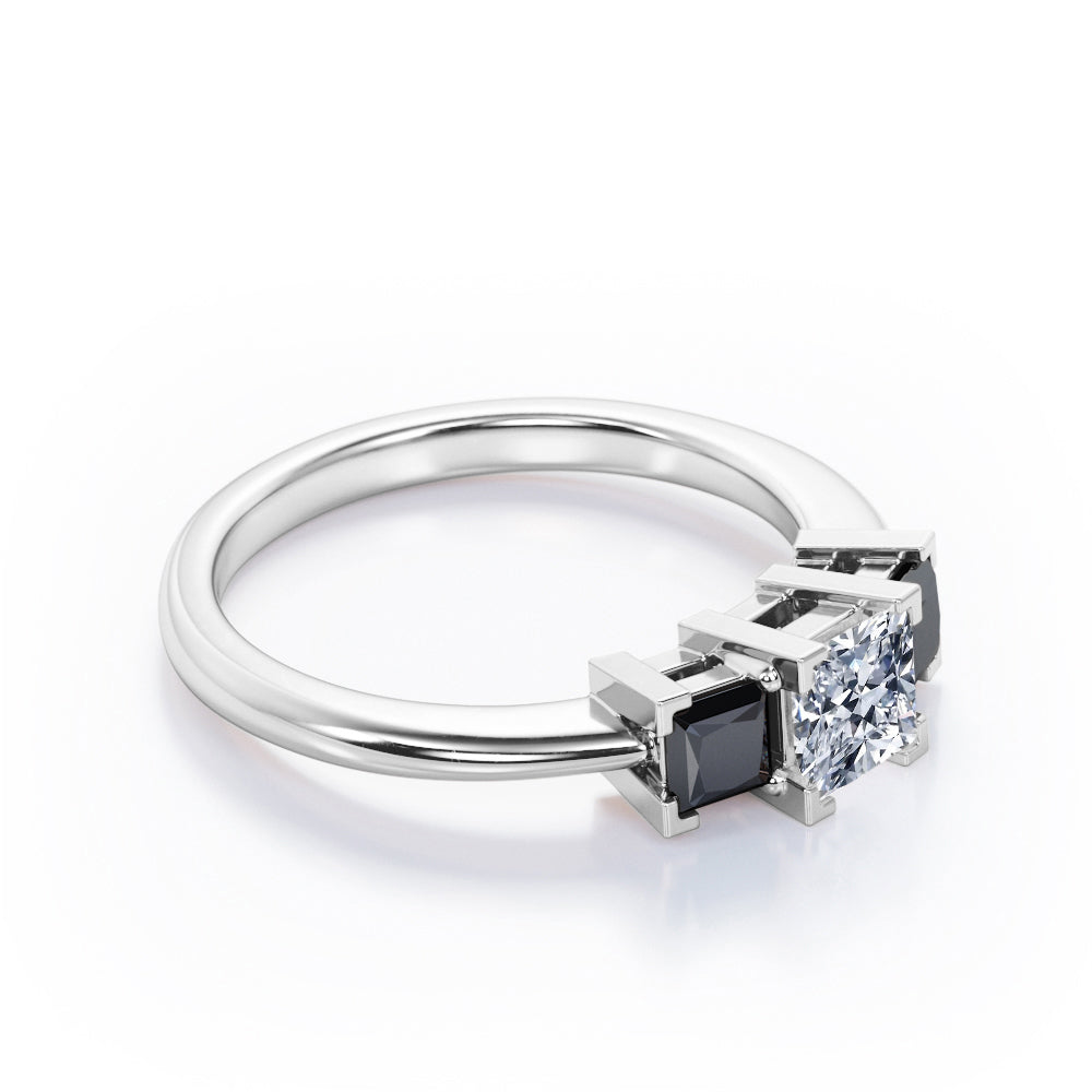 Minimalist Square V-Prong - 1.2 TCW Princess Cut Moissanite with Lab Created Black Diamond - Three-Stone Engagement Ring in Rose Gold