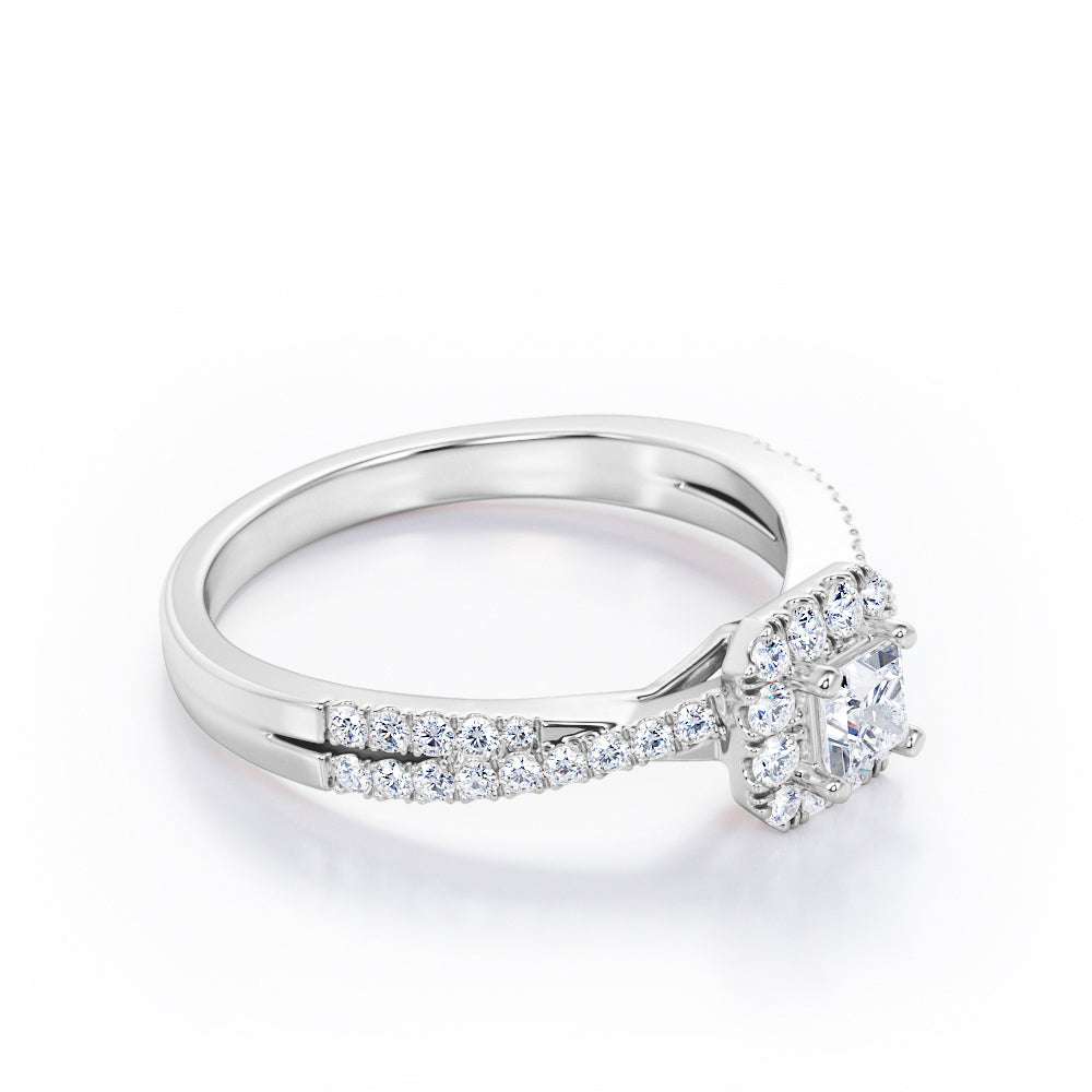 Octagon Halo 0.50 TCW Princess Cut Diamond Crossover Pave Engagement Ring in White Gold