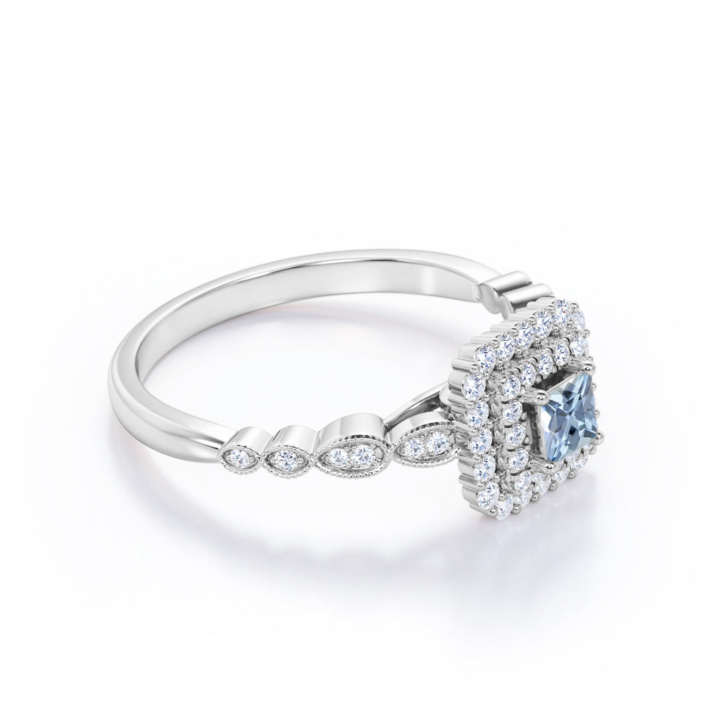 1.4 Carat Princess Cut Aquamarine And Diamond Cluster Engagement Ring In White Gold