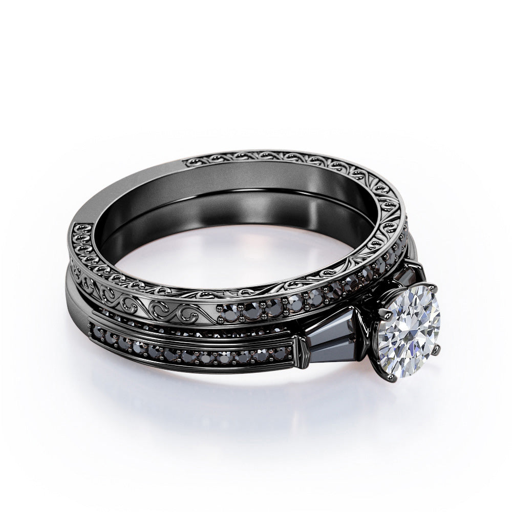 Art Deco 5-Stone 0.75 TCW Round Shape Diamond with Lab Created Black Diamond Triple Pave-Channel Wedding Set in 10K White Gold