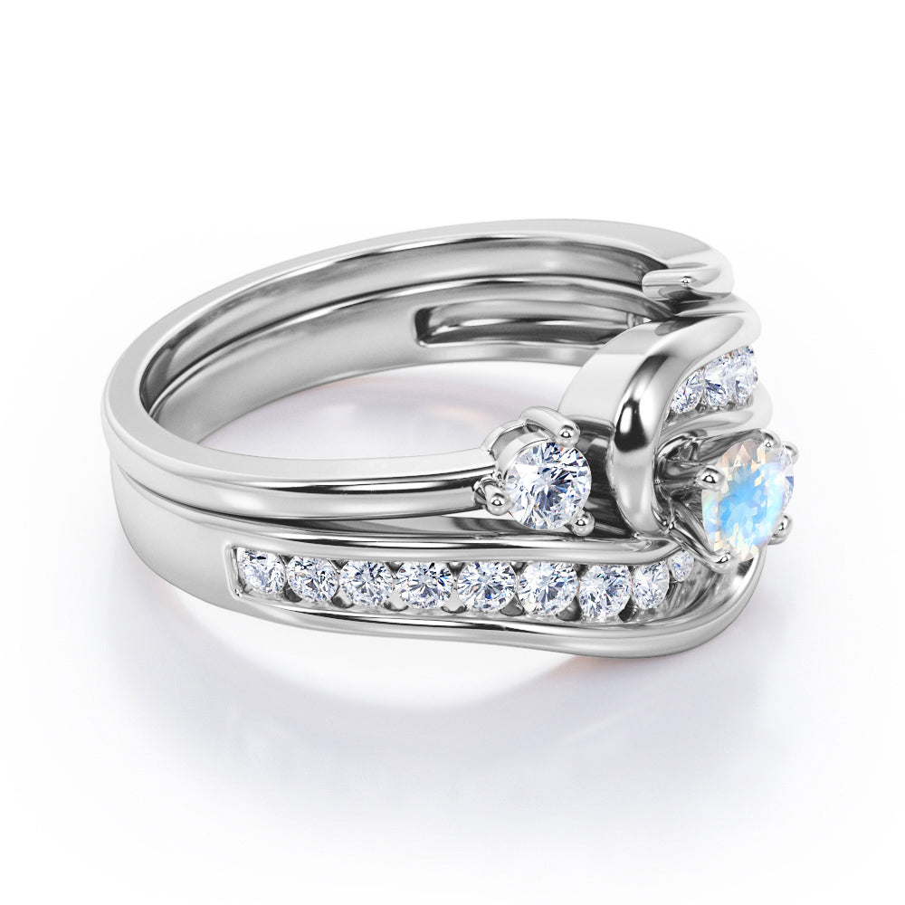 Twisted Tension - Prong 1 TCW Round Brilliant Cut Moonstone and Moissanite - Flush Channel Wedding Set in White Gold