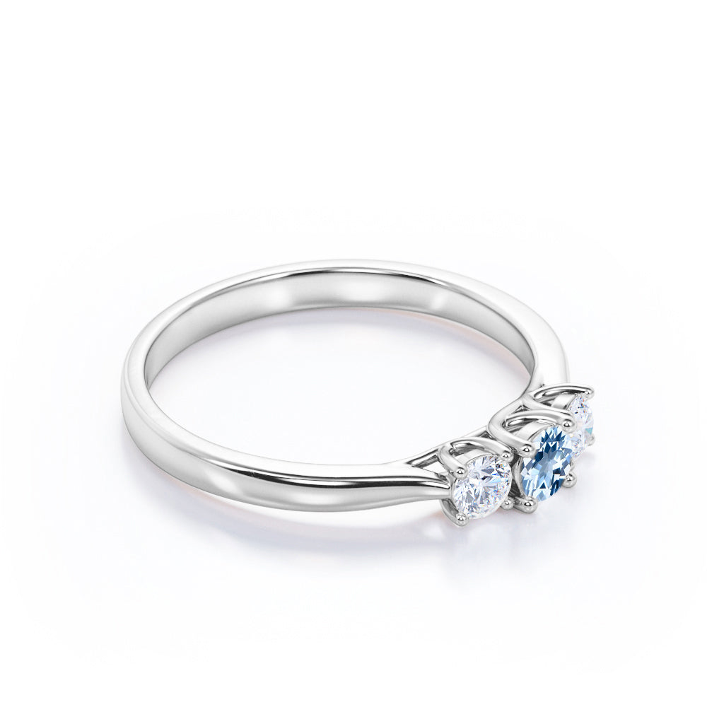 Past, Present, Future 1 Carat Round Cut Aquamarine And Diamond Three Stone Engagement Ring In White Gold