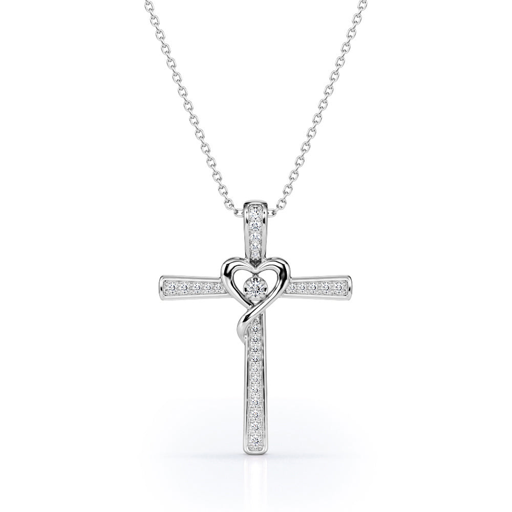 Middle Heart 0.1 TCW Round Moissanite Crucifix Pendant Necklace in 18K White Gold Plating over Silver