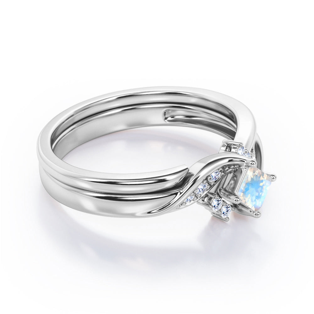 Petite Pave-Channel - 0.55 TCW Rhombus Princess Cut Moonstone and Moissanite - Prong Tensioned Wedding Ring Set - White Gold