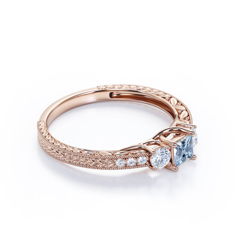 1.20 Carat Princess Cut Aquamarine And Diamond Art Deco Engagement Ring In White Gold