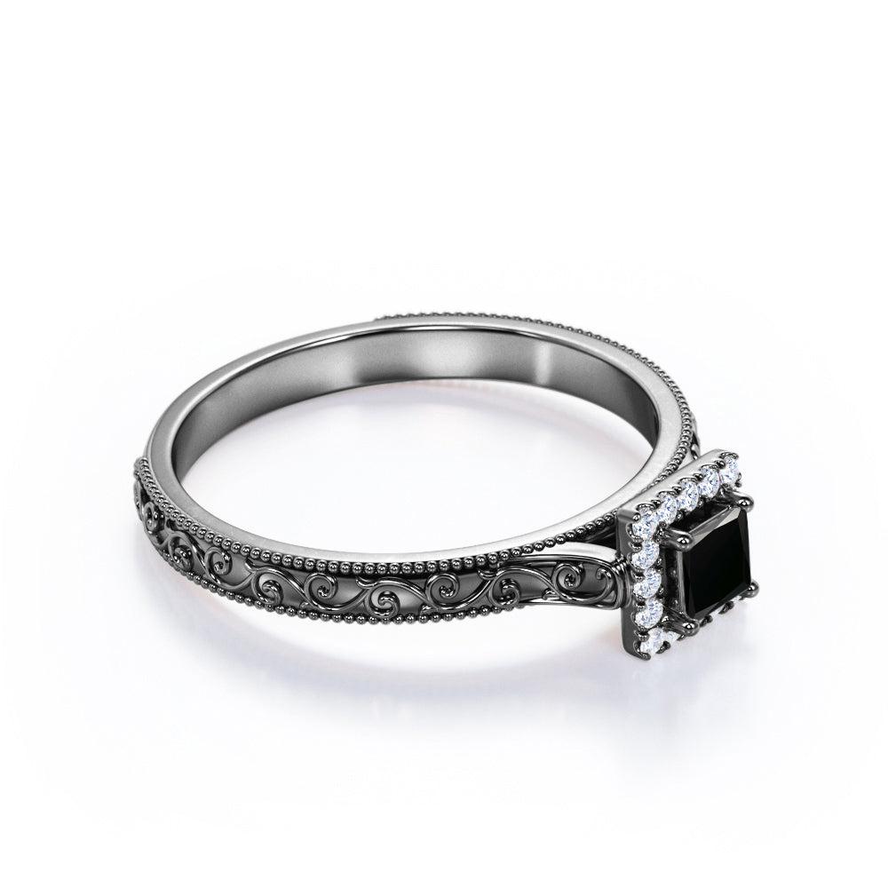 1.15 Carat Princess Cut Lab Grown Black Diamond Vintage Art Deco Engagement Ring In White Gold