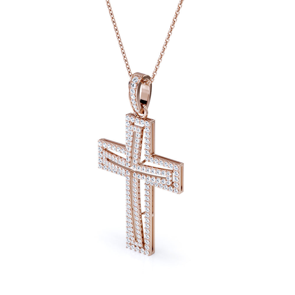 2-Layered 0.2 TCW Round Shape Moissanite Pave Cross Outline Pendant Necklace in 18K White Gold Plating over Silver