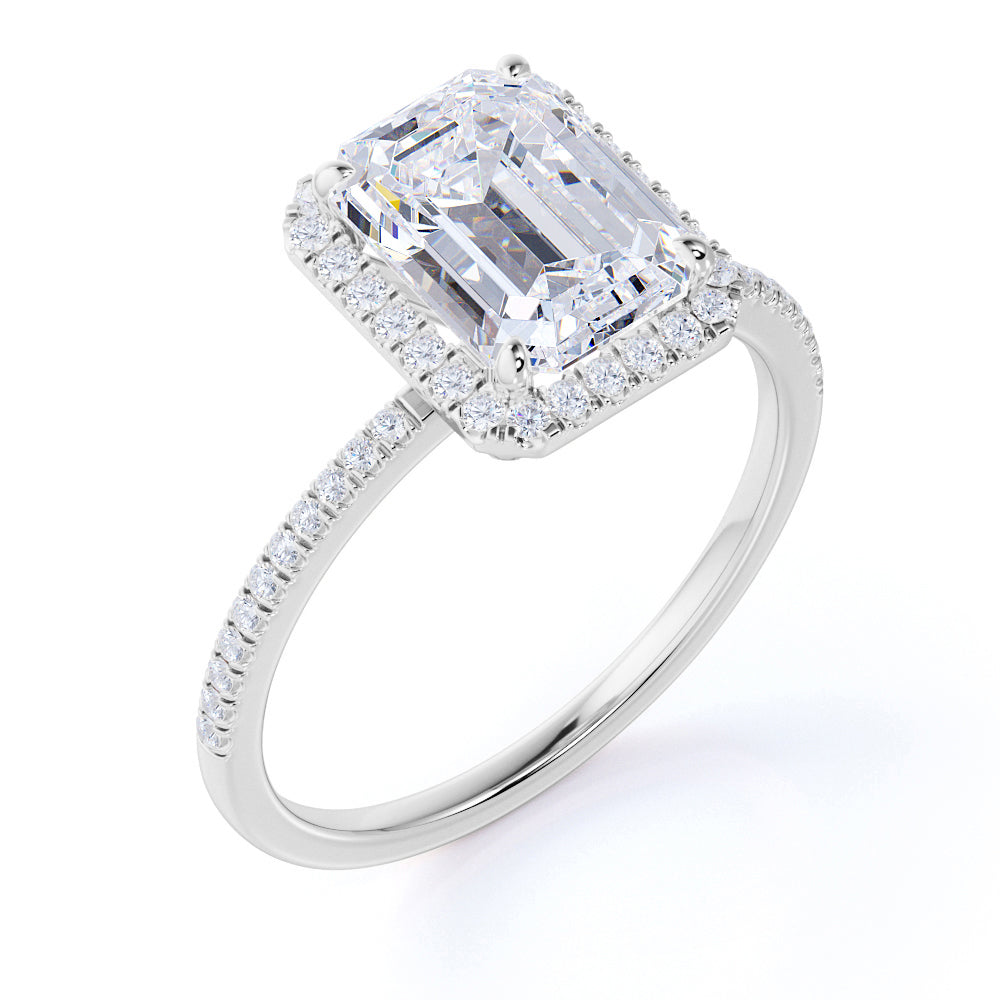 Classic 1.75 Carat Emerald Cut Halo Engagement Ring in 18k White Gold Over Silver