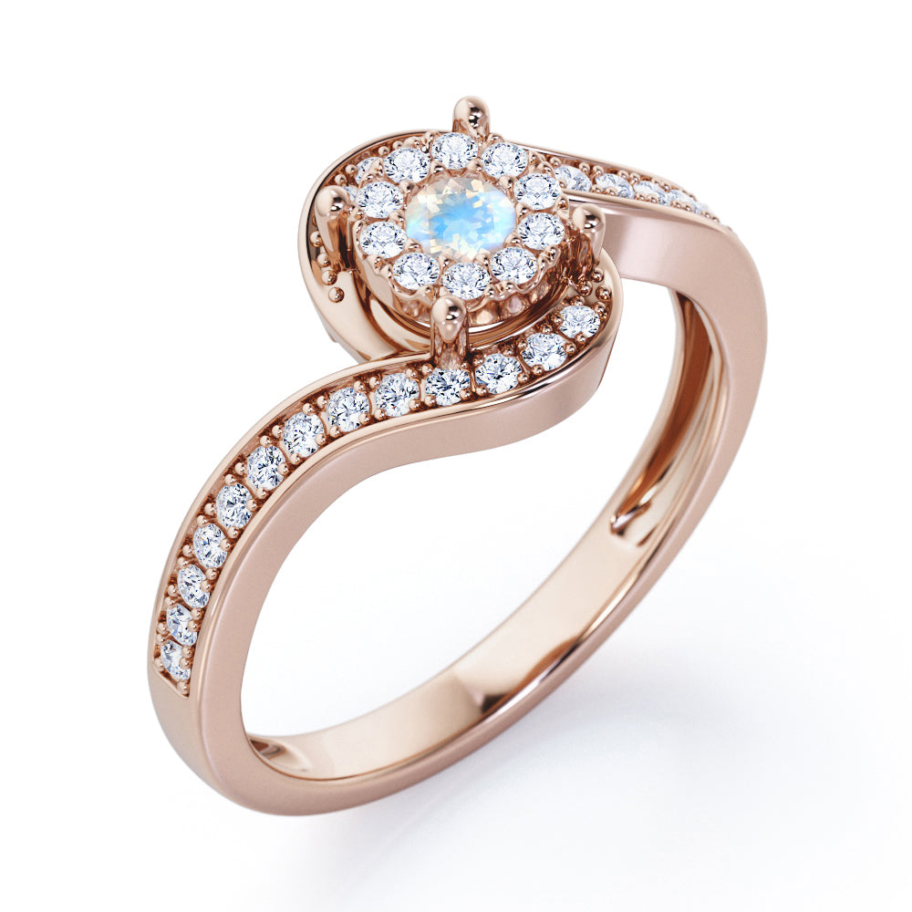 Wrapped Round 0.65 carat Round Moonstone and Moissanites Bypass Engagement Ring in Rose Gold