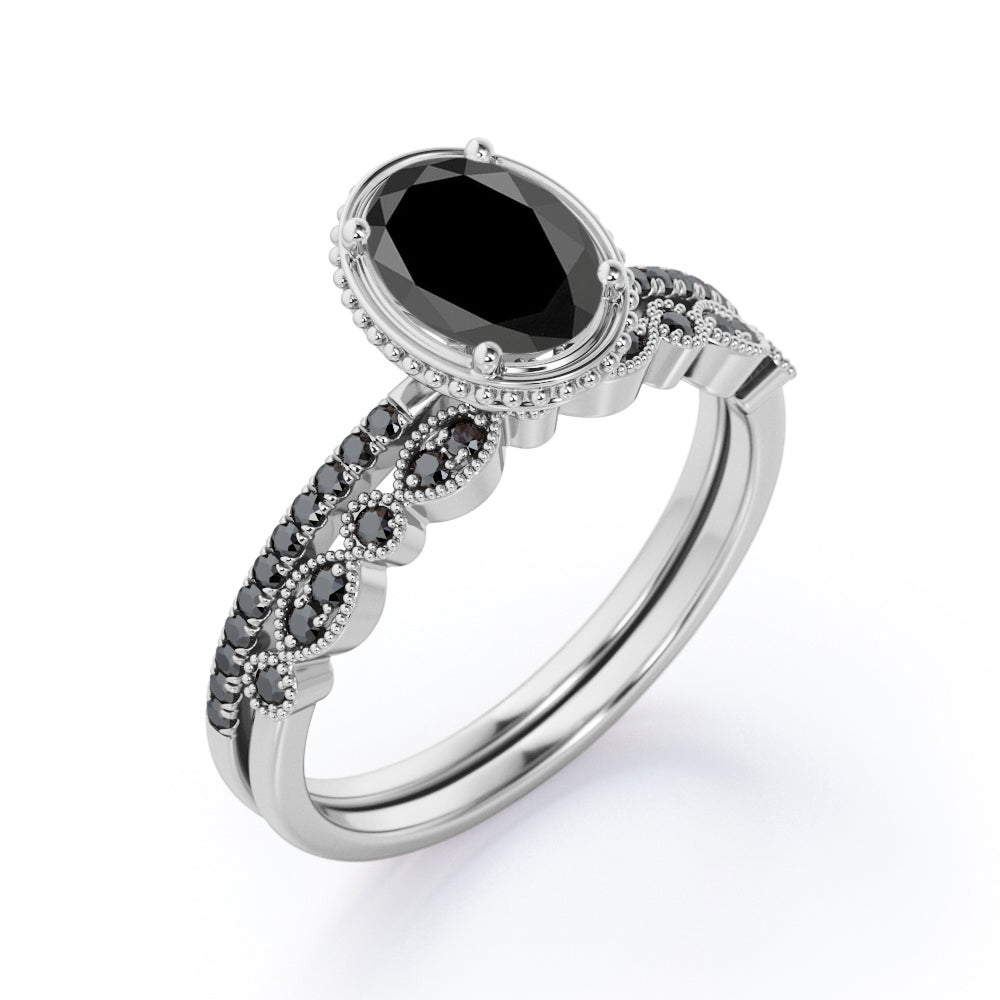 Prong Milgrain Bezel - 1.65 TCW Oval Shaped Lab Created Black Diamond - Pave Filigree Bridal Set in White Gold