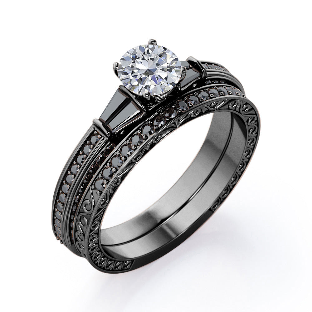 Art Deco 5-Stone 0.75 TCW Round Shape Diamond with Lab Created Black Diamond Triple Pave-Channel Wedding Set in 10K White Gold