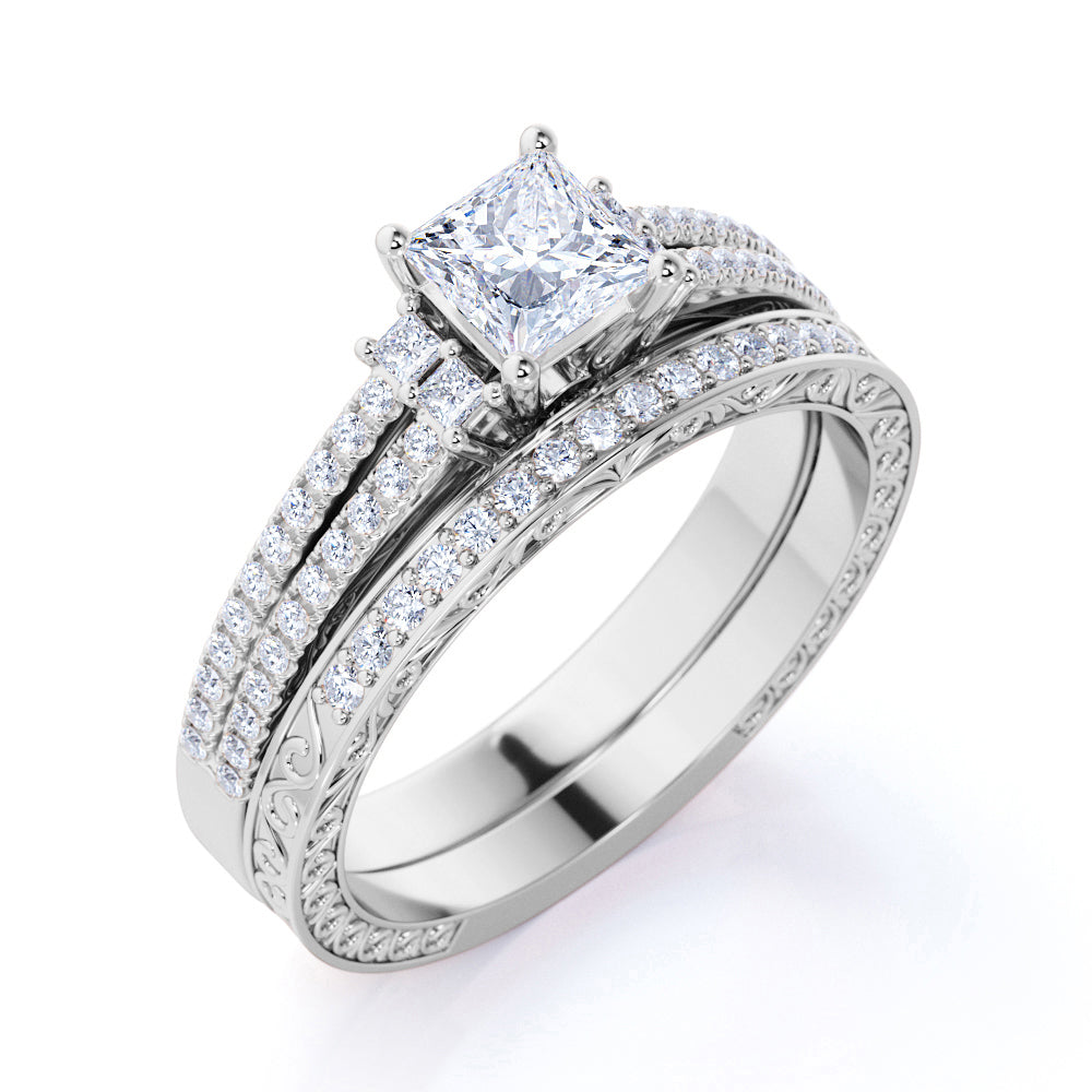 Stunning 1.25 ct - Princess Cut Moissanite - Pave - Vintage - Double Band Engagement Ring - Bridal Set - 18K White Gold over Silver