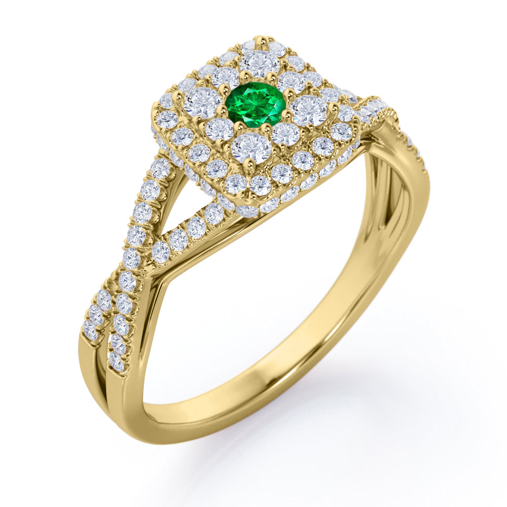 Pave Crossover - 1.25 Carat Round Cut Emerald and diamond - Flush Cluster Halo Engagement Ring in Yellow Gold