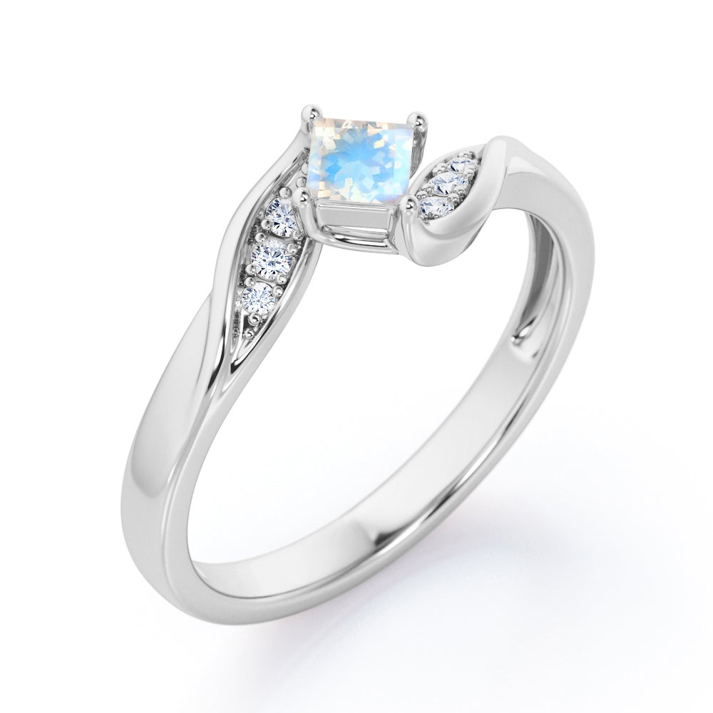 Twisted 7 Stone Ring - 0.55 carat Princess Moonstone and Moissanite Elegant Engagement Ring in Rose Gold