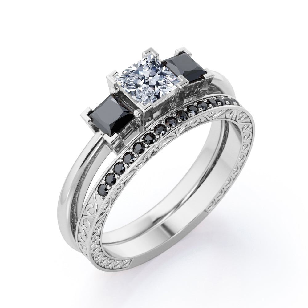 Triple Stone Square V-Prong 1.45 TCW Princess Cut Moissanite with Lab Created Black Diamond Filigree Wedding Set in Rose Gold