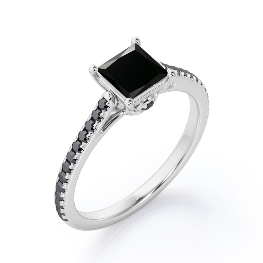 1.25 TCW Princess Cut Lab Created Black Diamond - Pave Setting - Prong Engagement Ring in White Gold