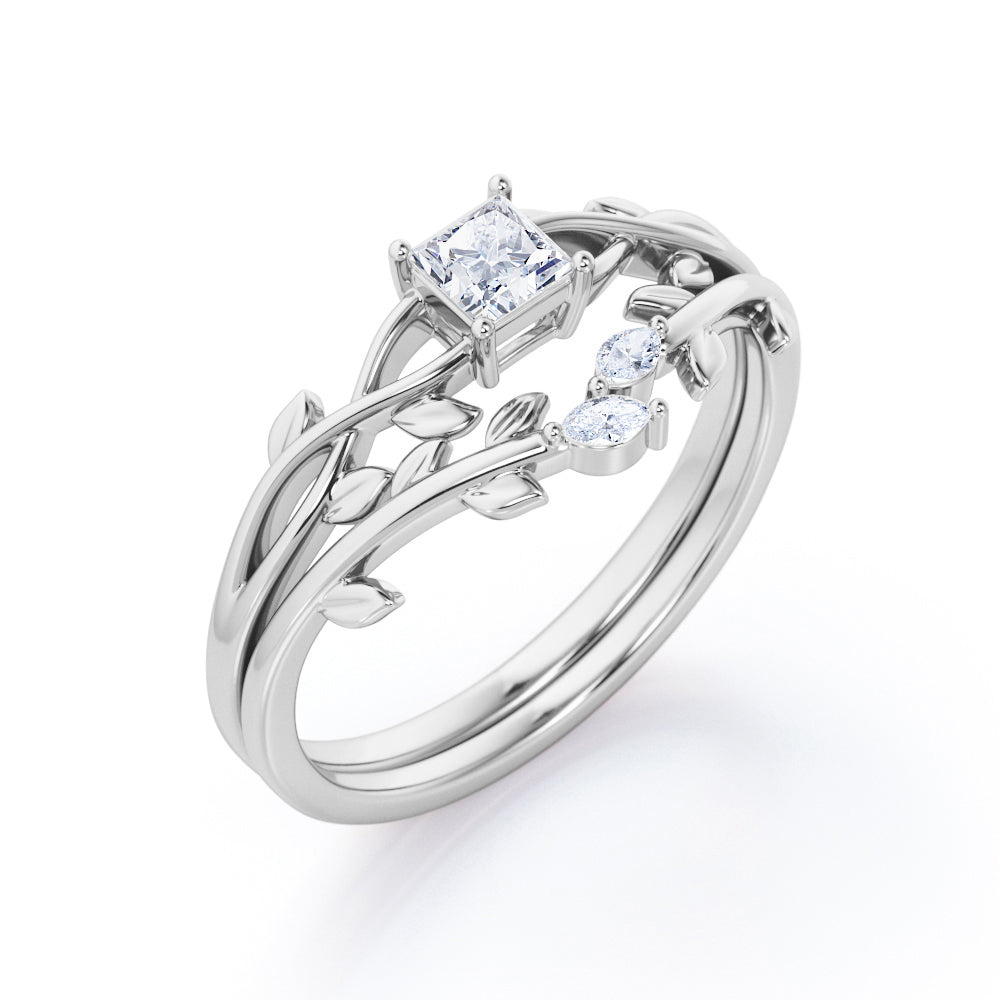 Nature-Inspired 0.35 TCW Princess Cut Diamond Branch Leaves Bridal Ring Set in White Gold